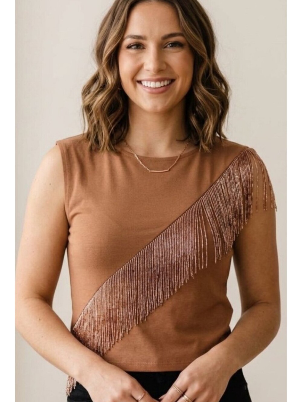 W5 Concepts Asymmetric Fringe Sleeveless Western Top